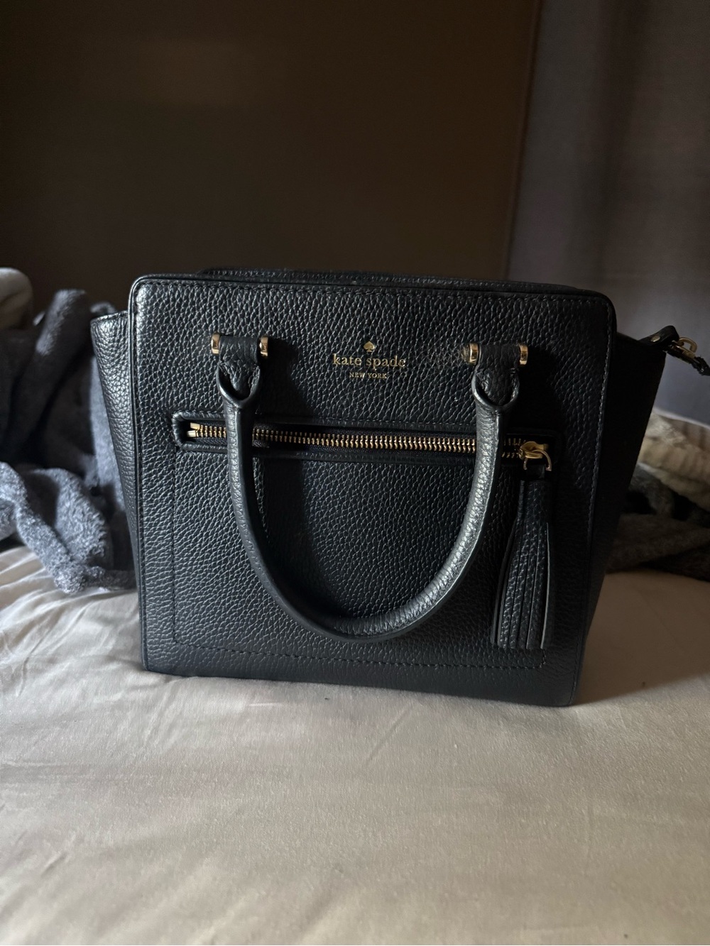 kate spade Black Pebbled Leather Satchel with Tassel